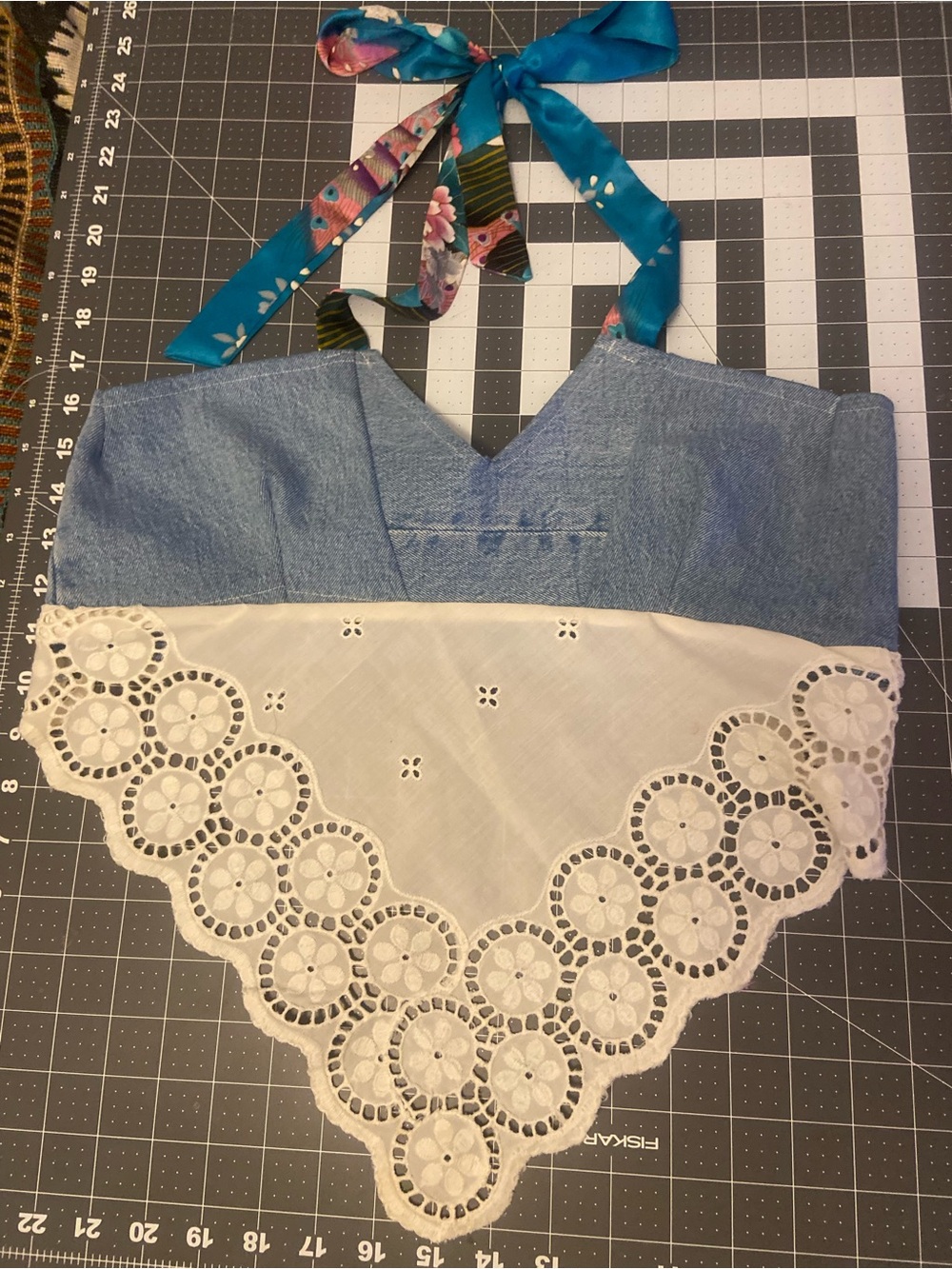 Boho Upcycled Handmade Blue Denim White Eyelet Halter Crop Top with Floral Tie